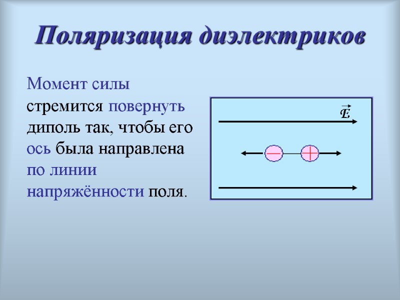 Поляризация диэлектриков    Момент силы стремится повернуть диполь так, чтобы его ось